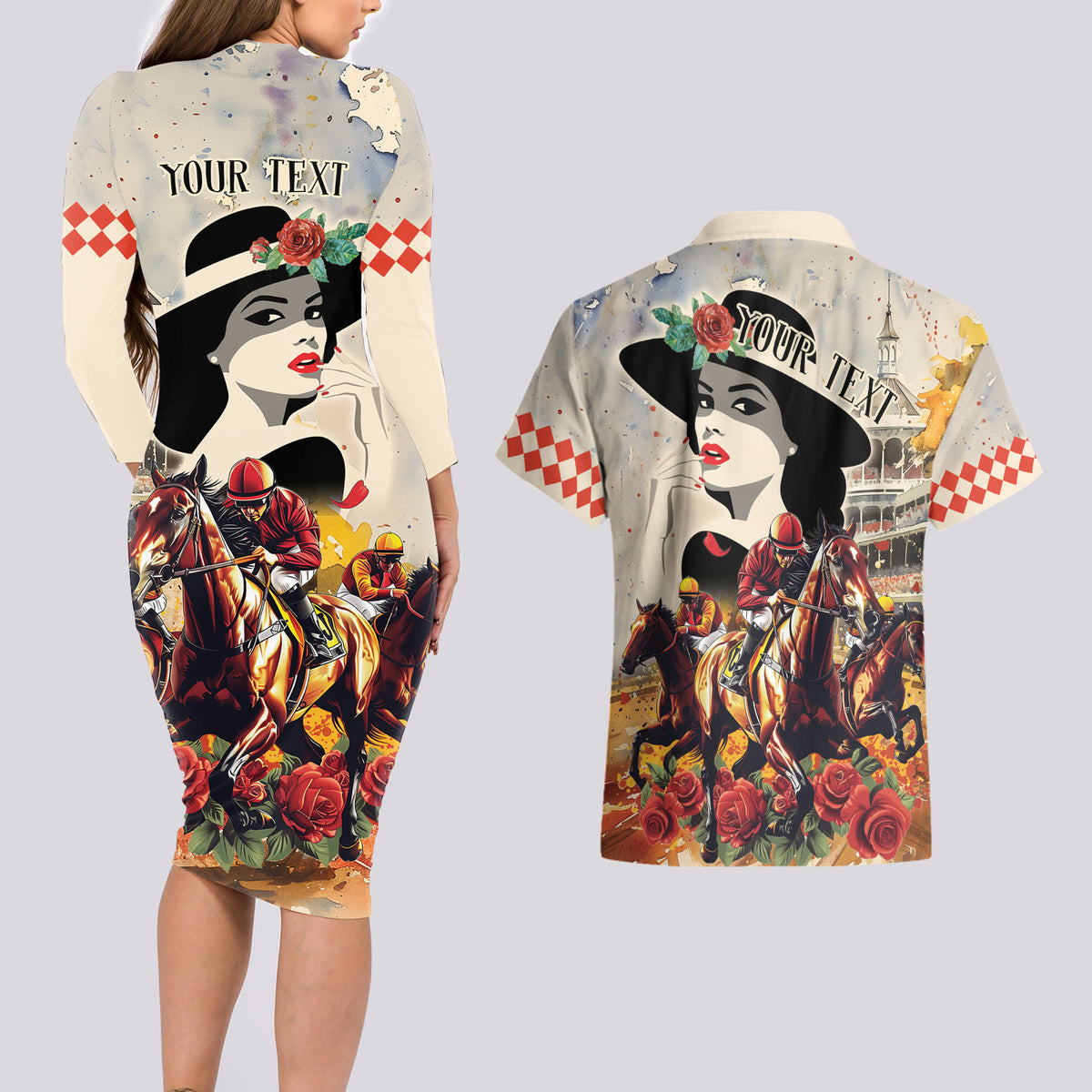 Personalized Kentucky Ladies Couples Matching Long Sleeve Bodycon Dress and Hawaiian Shirt The Run For The Roses Derby LT9 - Wonder Print Shop