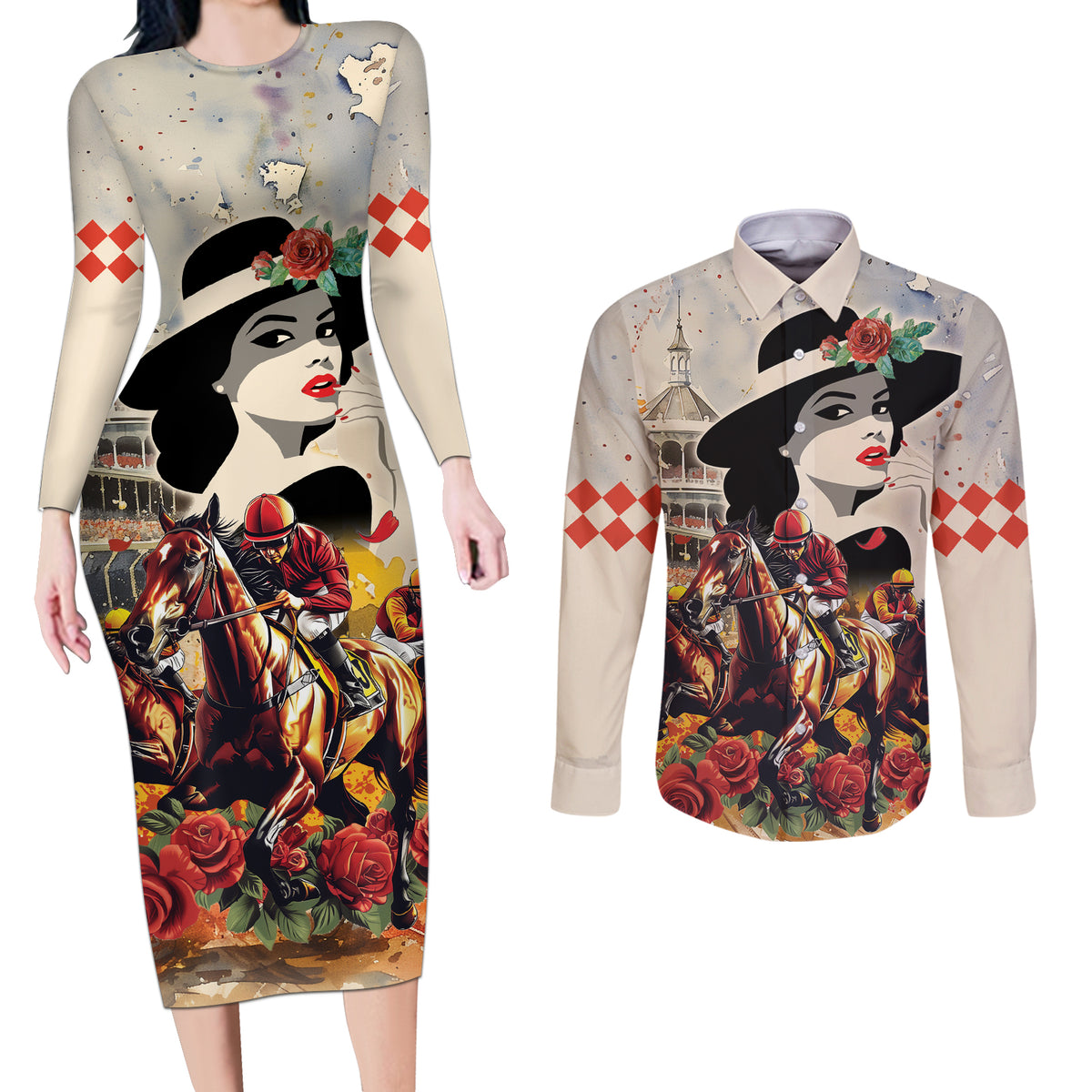 Personalized Kentucky Ladies Couples Matching Long Sleeve Bodycon Dress and Long Sleeve Button Shirt The Run For The Roses Derby LT9 - Wonder Print Shop