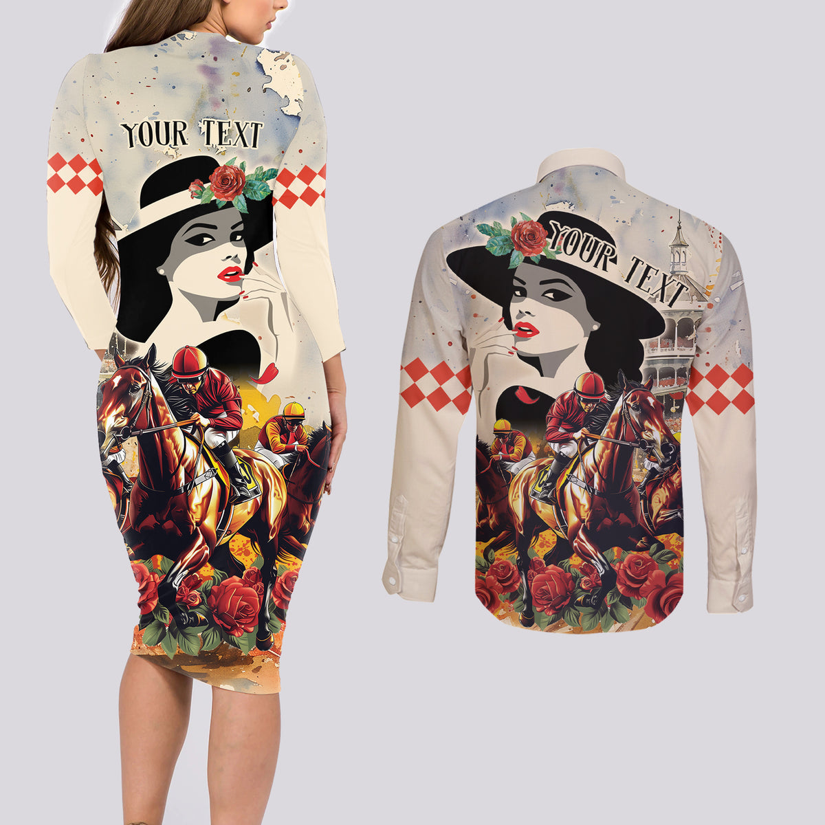 Personalized Kentucky Ladies Couples Matching Long Sleeve Bodycon Dress and Long Sleeve Button Shirt The Run For The Roses Derby LT9 - Wonder Print Shop