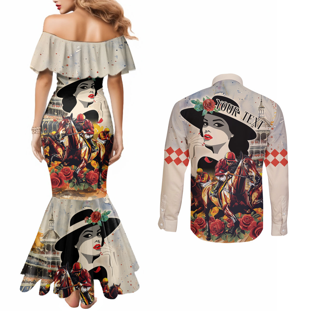 Personalized Kentucky Ladies Couples Matching Mermaid Dress and Long Sleeve Button Shirt The Run For The Roses Derby