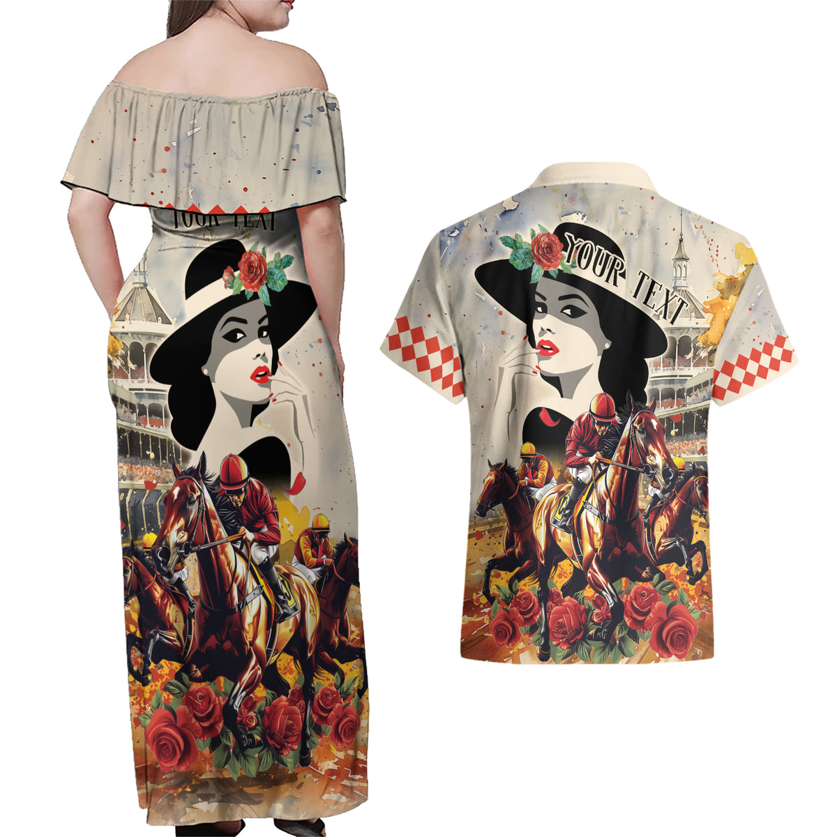 Personalized Kentucky Ladies Couples Matching Off Shoulder Maxi Dress and Hawaiian Shirt The Run For The Roses Derby LT9 - Wonder Print Shop