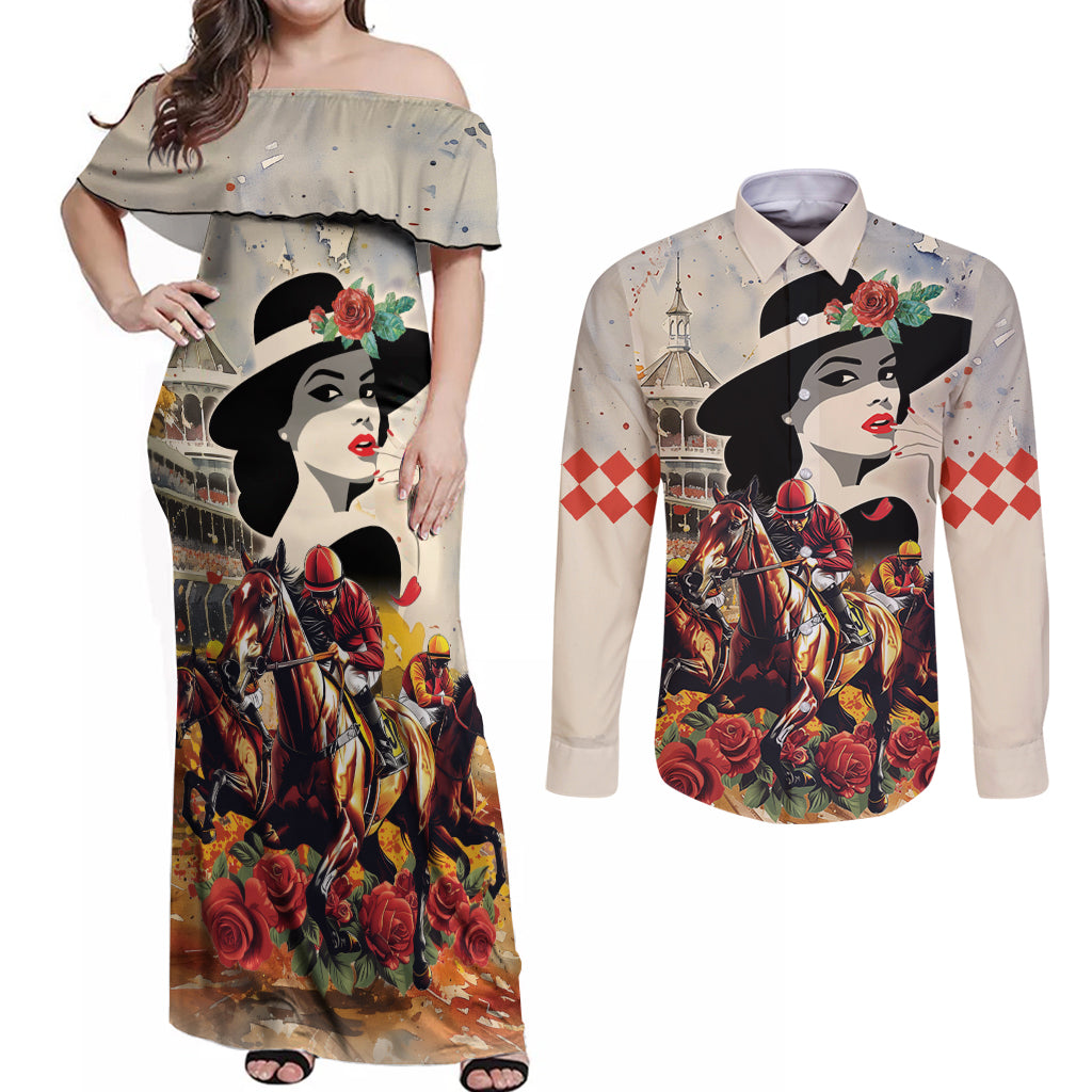 Personalized Kentucky Ladies Couples Matching Off Shoulder Maxi Dress and Long Sleeve Button Shirt The Run For The Roses Derby LT9 - Wonder Print Shop