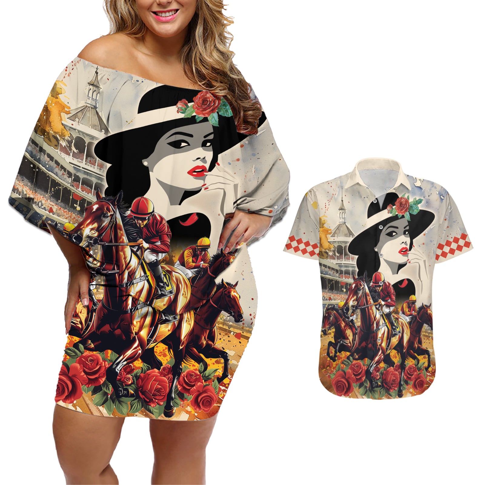 Personalized Kentucky Ladies Couples Matching Off Shoulder Short Dress and Hawaiian Shirt The Run For The Roses Derby LT9 - Wonder Print Shop