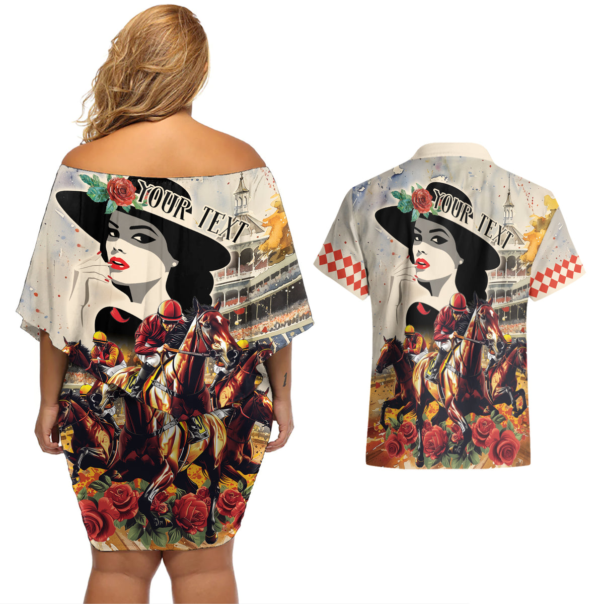 Personalized Kentucky Ladies Couples Matching Off Shoulder Short Dress and Hawaiian Shirt The Run For The Roses Derby LT9 - Wonder Print Shop