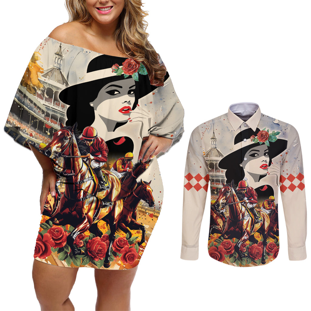 Personalized Kentucky Ladies Couples Matching Off Shoulder Short Dress and Long Sleeve Button Shirt The Run For The Roses Derby LT9 - Wonder Print Shop