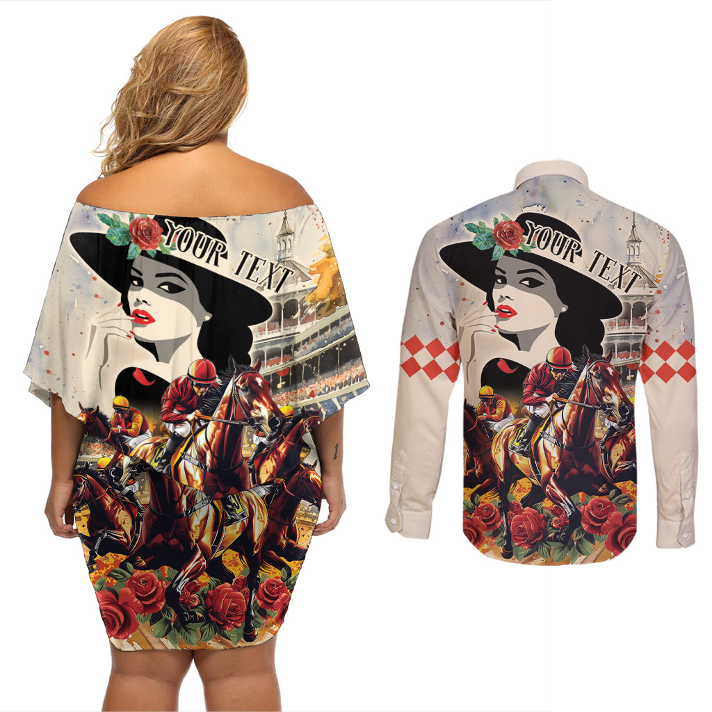 Personalized Kentucky Ladies Couples Matching Off Shoulder Short Dress and Long Sleeve Button Shirt The Run For The Roses Derby LT9 - Wonder Print Shop