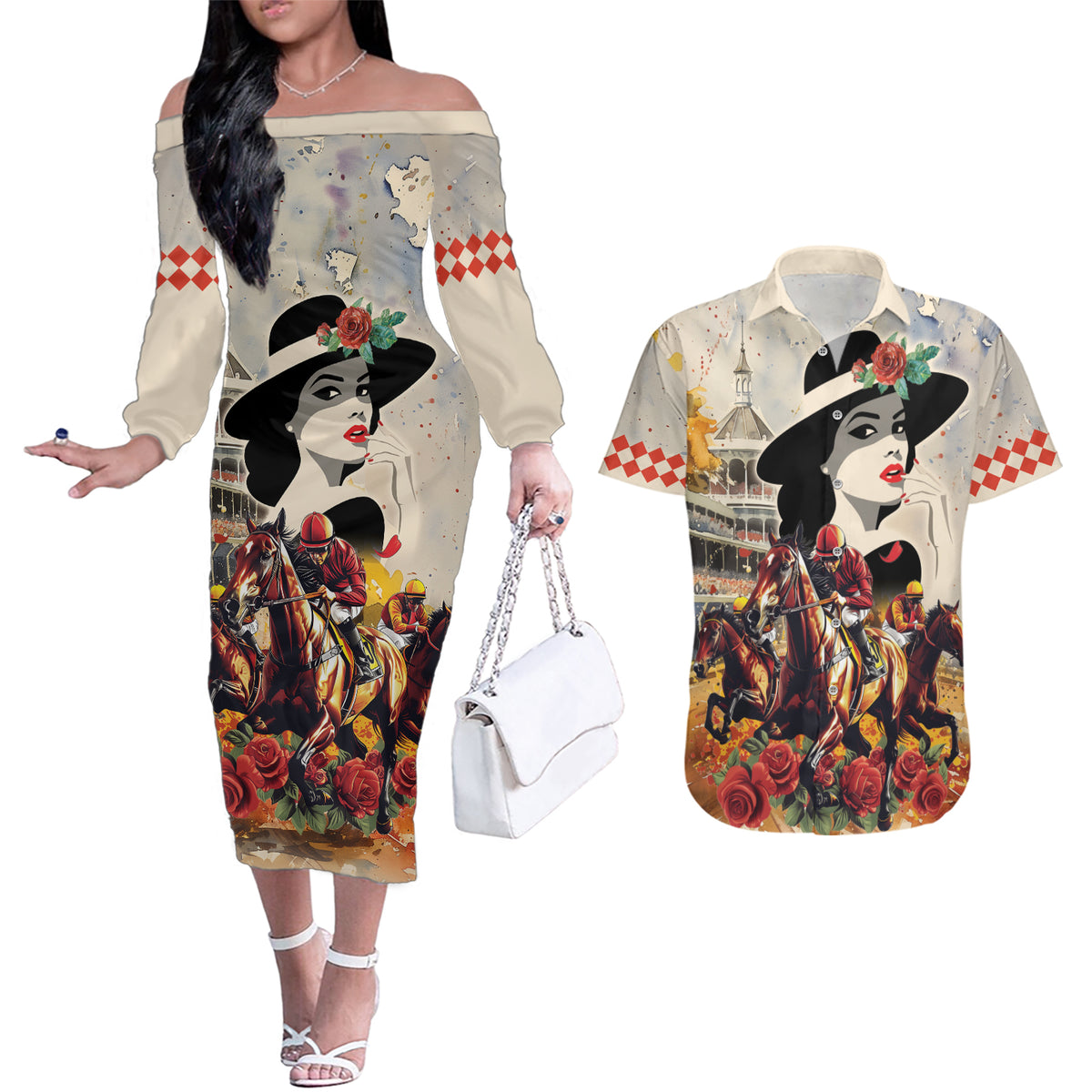 Personalized Kentucky Ladies Couples Matching Off The Shoulder Long Sleeve Dress and Hawaiian Shirt The Run For The Roses Derby LT9 - Wonder Print Shop