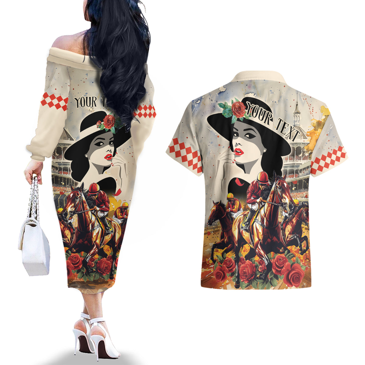 Personalized Kentucky Ladies Couples Matching Off The Shoulder Long Sleeve Dress and Hawaiian Shirt The Run For The Roses Derby LT9 - Wonder Print Shop