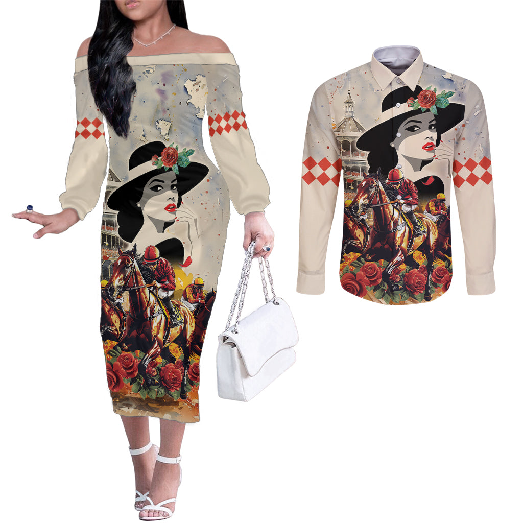 Personalized Kentucky Ladies Couples Matching Off The Shoulder Long Sleeve Dress and Long Sleeve Button Shirt The Run For The Roses Derby