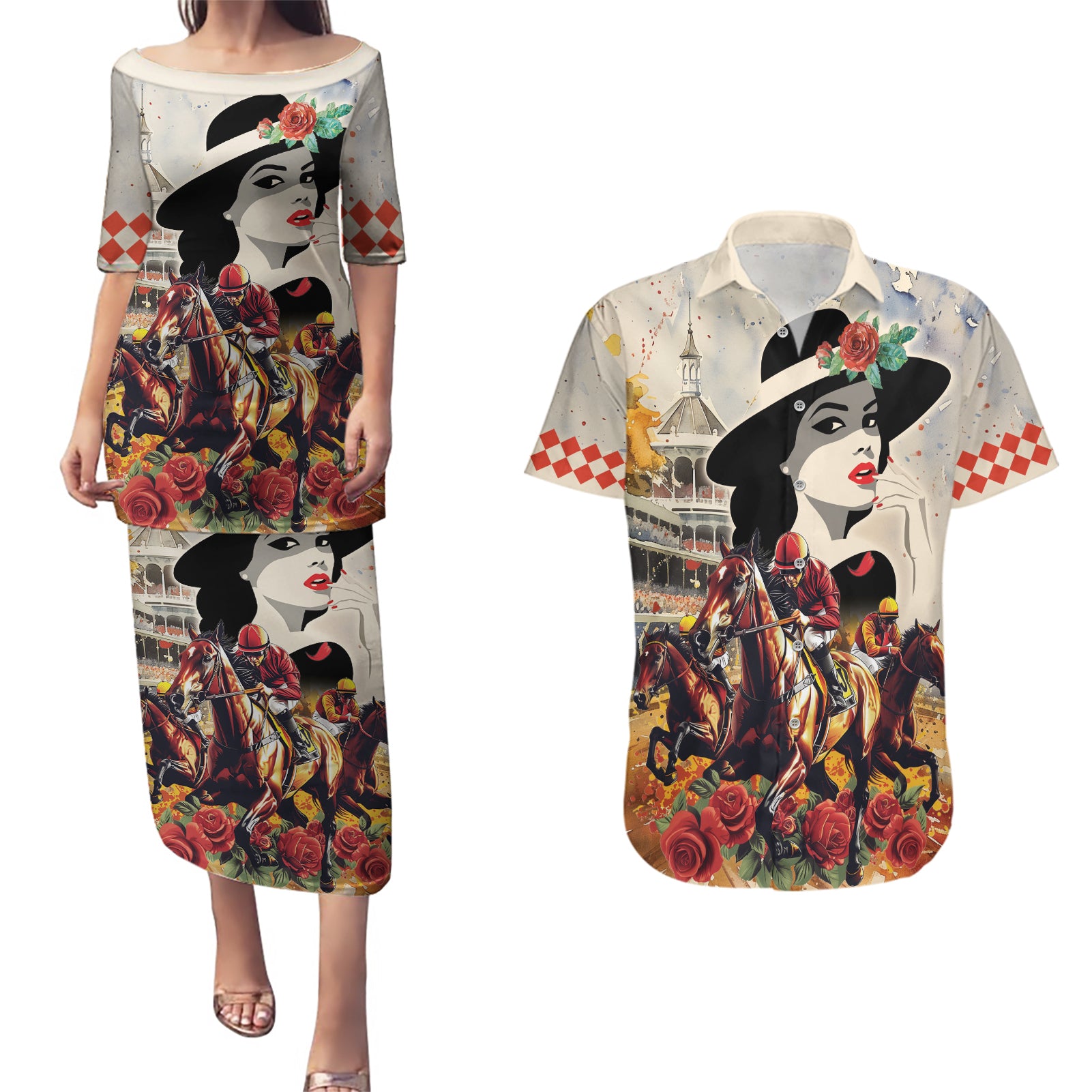 Personalized Kentucky Ladies Couples Matching Puletasi and Hawaiian Shirt The Run For The Roses Derby LT9 - Wonder Print Shop