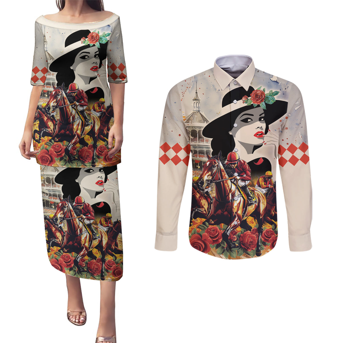 Personalized Kentucky Ladies Couples Matching Puletasi and Long Sleeve Button Shirt The Run For The Roses Derby LT9 - Wonder Print Shop