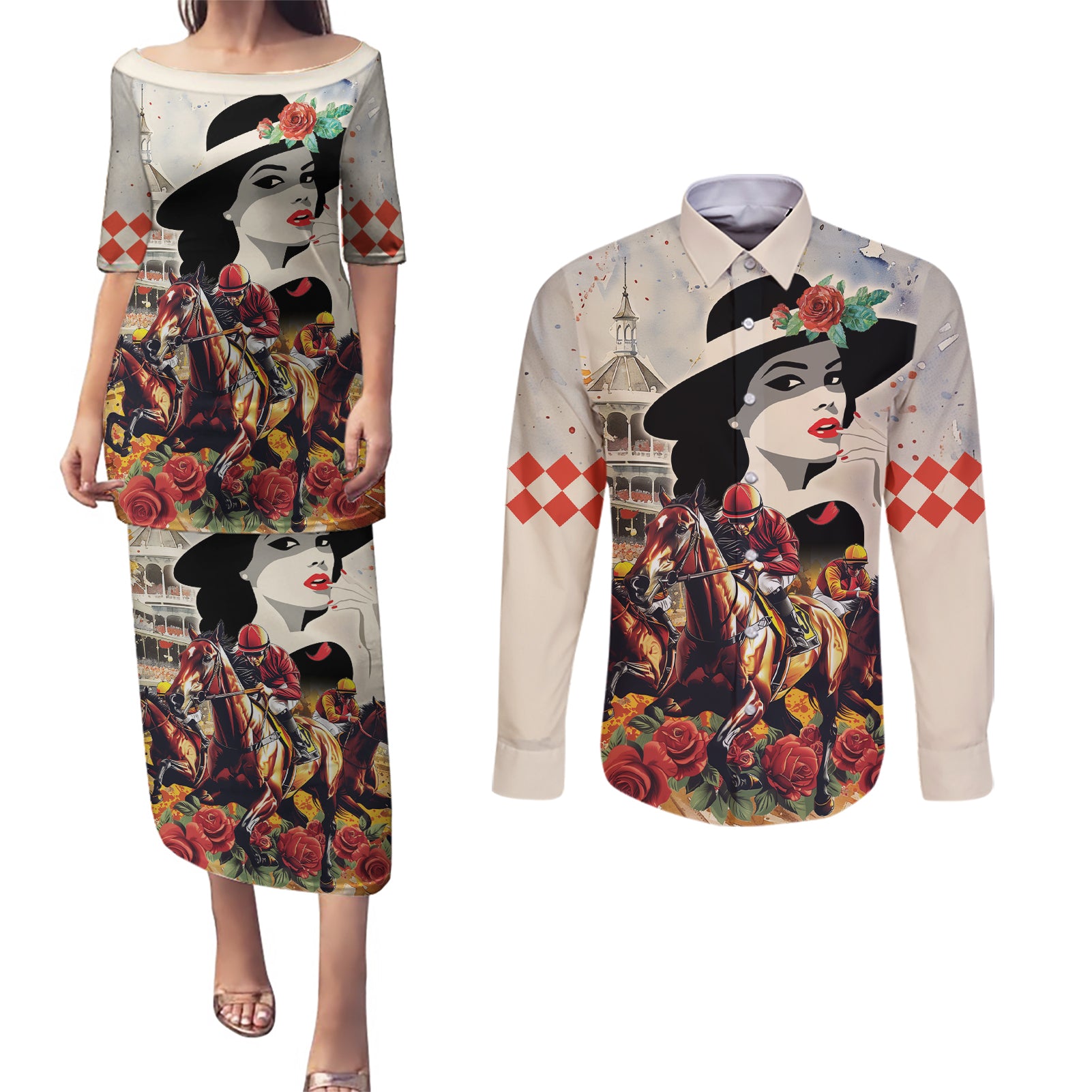 Personalized Kentucky Ladies Couples Matching Puletasi and Long Sleeve Button Shirt The Run For The Roses Derby LT9 - Wonder Print Shop