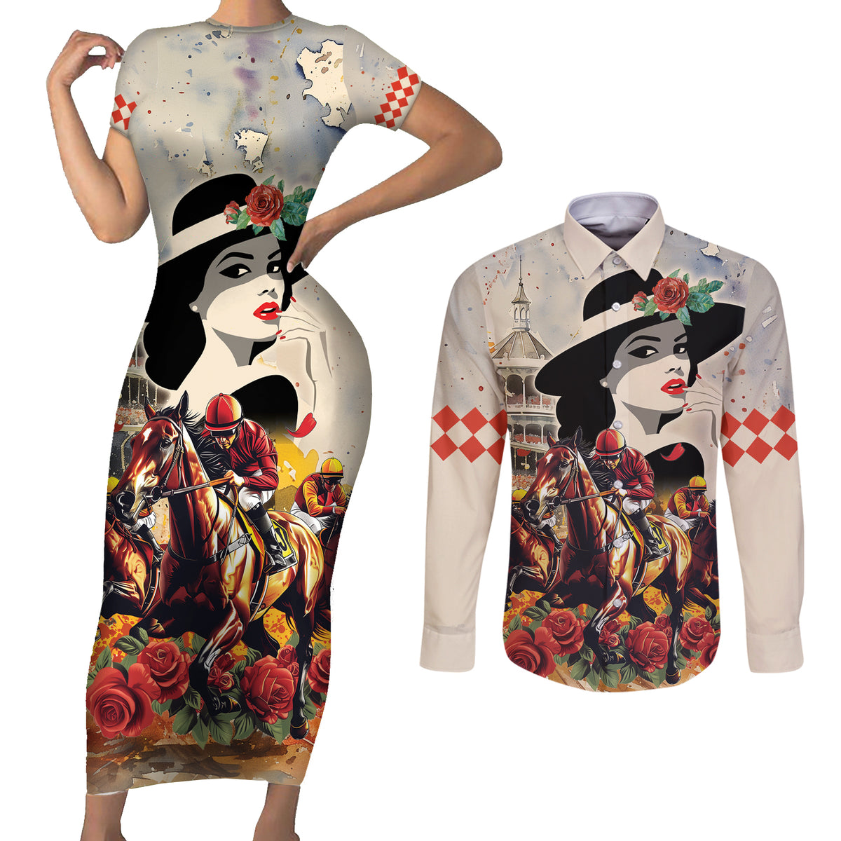 Personalized Kentucky Ladies Couples Matching Short Sleeve Bodycon Dress and Long Sleeve Button Shirt The Run For The Roses Derby LT9 - Wonder Print Shop