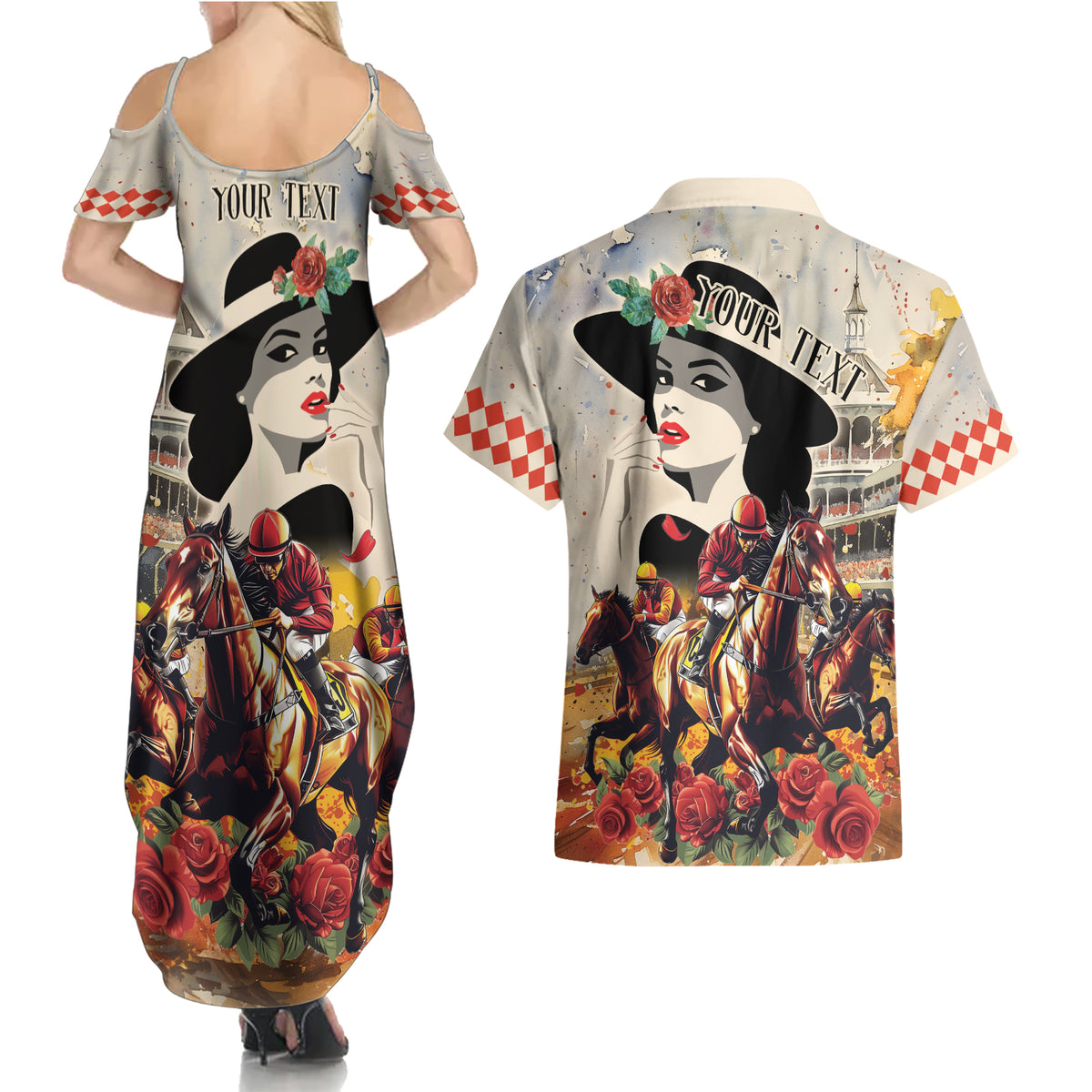Personalized Kentucky Ladies Couples Matching Summer Maxi Dress and Hawaiian Shirt The Run For The Roses Derby LT9 - Wonder Print Shop