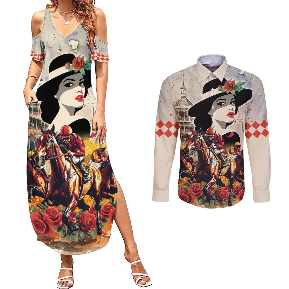 Personalized Kentucky Ladies Couples Matching Summer Maxi Dress and Long Sleeve Button Shirt The Run For The Roses Derby LT9 - Wonder Print Shop