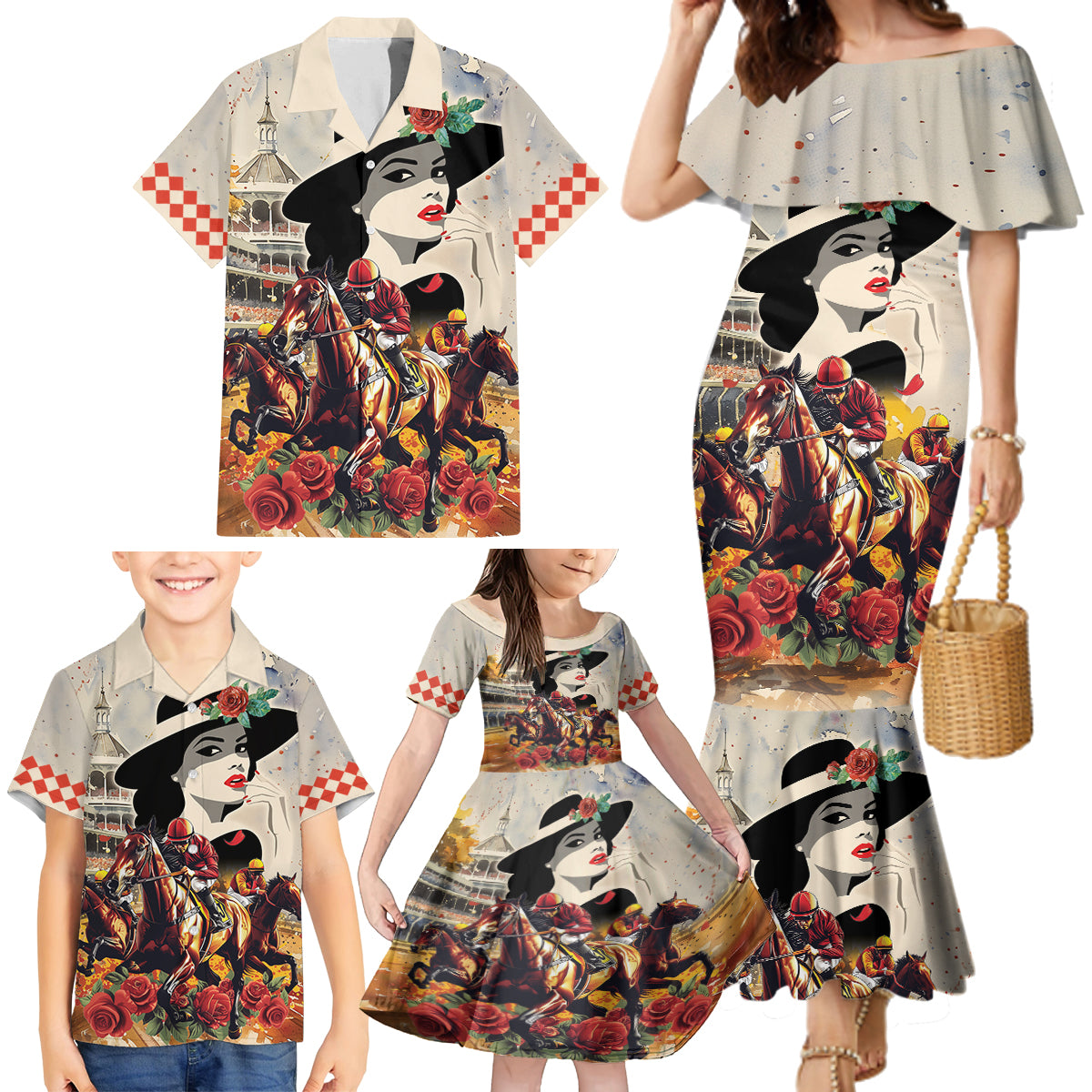 Personalized Kentucky Ladies Family Matching Mermaid Dress and Hawaiian Shirt The Run For The Roses Derby LT9 - Wonder Print Shop