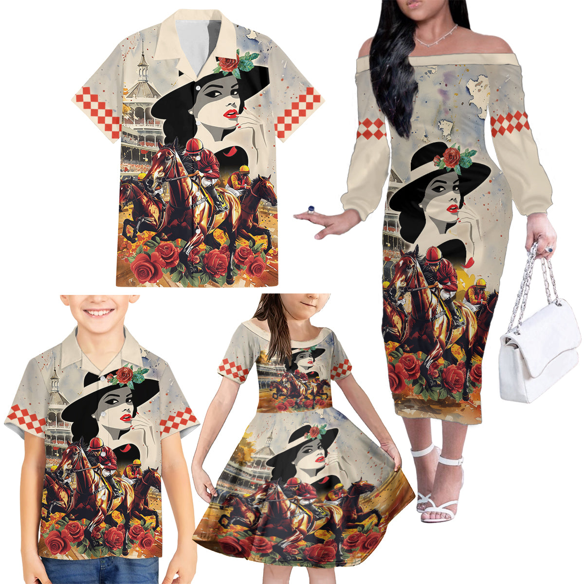 Personalized Kentucky Ladies Family Matching Off The Shoulder Long Sleeve Dress and Hawaiian Shirt The Run For The Roses Derby - Wonder Print Shop