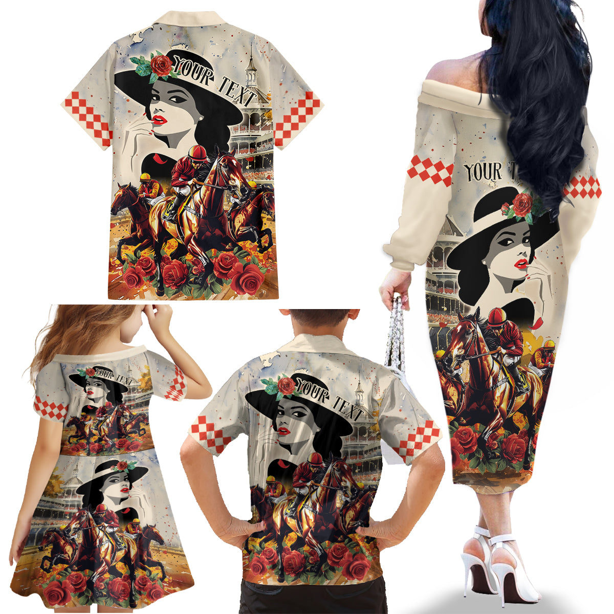 Personalized Kentucky Ladies Family Matching Off The Shoulder Long Sleeve Dress and Hawaiian Shirt The Run For The Roses Derby - Wonder Print Shop