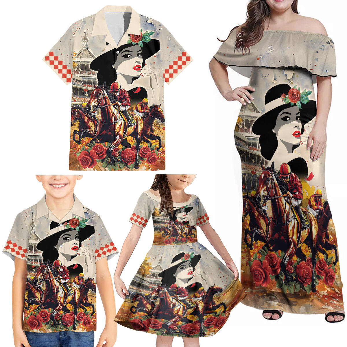 Personalized Kentucky Ladies Family Matching Off Shoulder Maxi Dress and Hawaiian Shirt The Run For The Roses Derby LT9 - Wonder Print Shop
