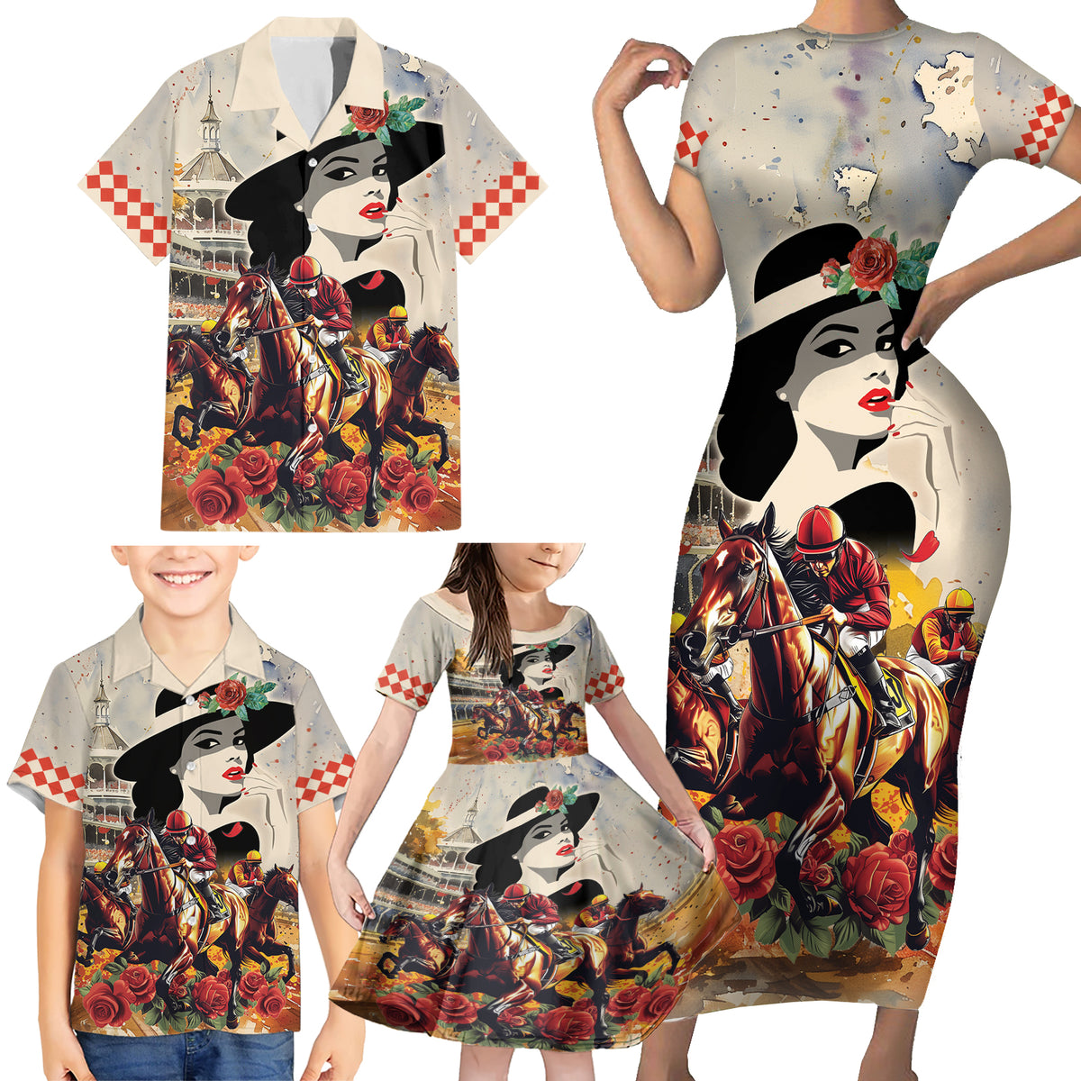 Personalized Kentucky Ladies Family Matching Short Sleeve Bodycon Dress and Hawaiian Shirt The Run For The Roses Derby - Wonder Print Shop