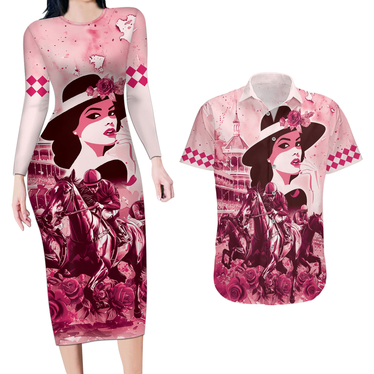 Personalized Kentucky Ladies Couples Matching Long Sleeve Bodycon Dress and Hawaiian Shirt The Run For The Roses Derby - Pink Out LT9 - Wonder Print Shop