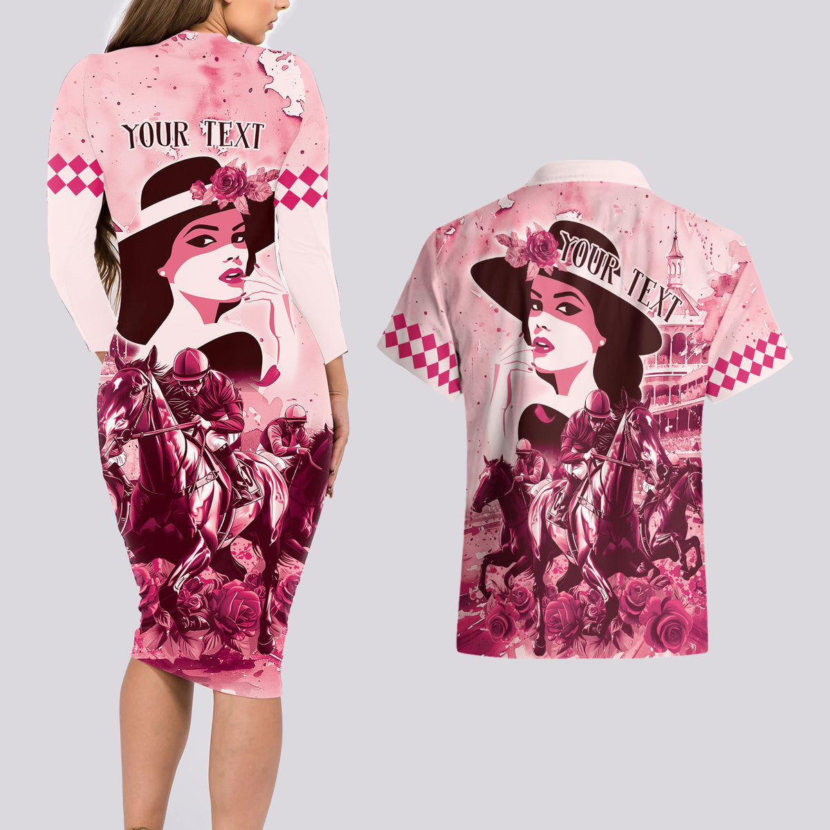 Personalized Kentucky Ladies Couples Matching Long Sleeve Bodycon Dress and Hawaiian Shirt The Run For The Roses Derby - Pink Out LT9 - Wonder Print Shop