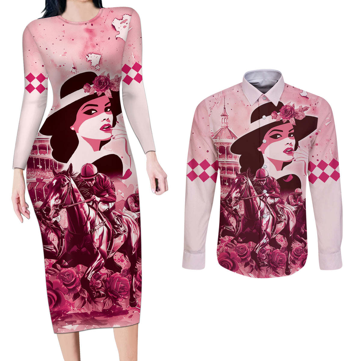 Personalized Kentucky Ladies Couples Matching Long Sleeve Bodycon Dress and Long Sleeve Button Shirt The Run For The Roses Derby - Pink Out LT9 - Wonder Print Shop