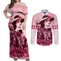 Personalized Kentucky Ladies Couples Matching Off Shoulder Maxi Dress and Long Sleeve Button Shirt The Run For The Roses Derby - Pink Out LT9 - Wonder Print Shop