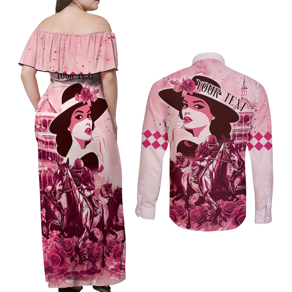 Personalized Kentucky Ladies Couples Matching Off Shoulder Maxi Dress and Long Sleeve Button Shirt The Run For The Roses Derby - Pink Out LT9 - Wonder Print Shop
