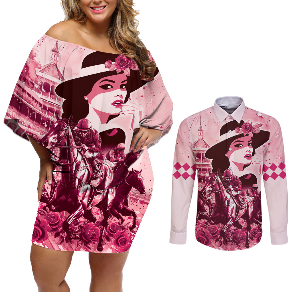 Personalized Kentucky Ladies Couples Matching Off Shoulder Short Dress and Long Sleeve Button Shirt The Run For The Roses Derby - Pink Out LT9 - Wonder Print Shop