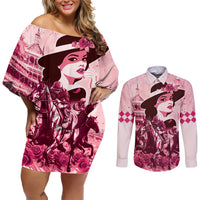 Personalized Kentucky Ladies Couples Matching Off Shoulder Short Dress and Long Sleeve Button Shirt The Run For The Roses Derby - Pink Out LT9 - Wonder Print Shop