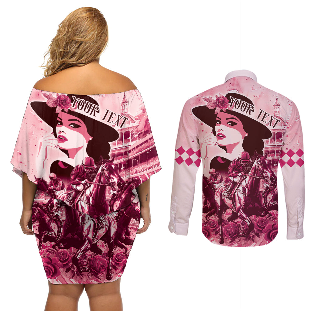 Personalized Kentucky Ladies Couples Matching Off Shoulder Short Dress and Long Sleeve Button Shirt The Run For The Roses Derby - Pink Out LT9 - Wonder Print Shop
