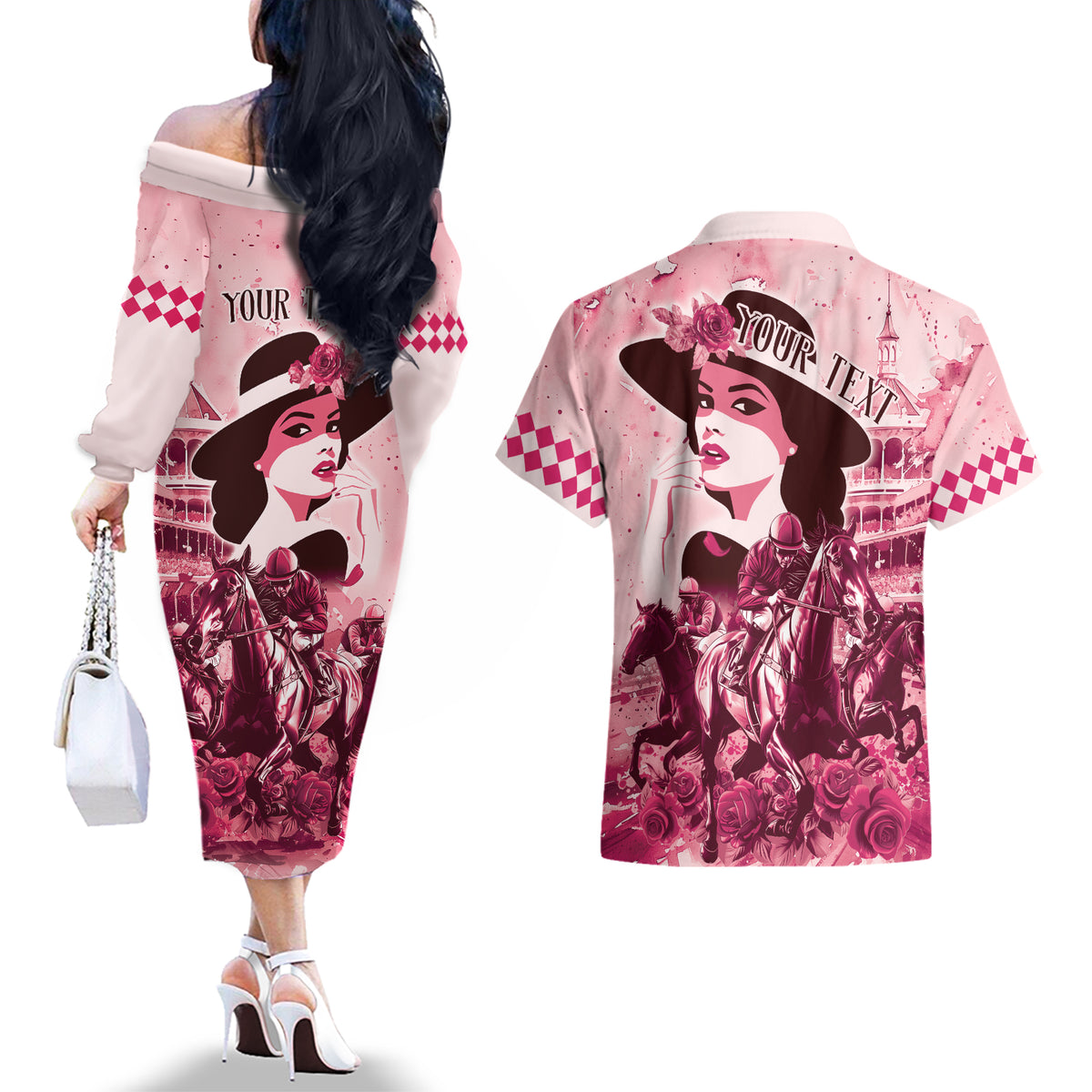 Personalized Kentucky Ladies Couples Matching Off The Shoulder Long Sleeve Dress and Hawaiian Shirt The Run For The Roses Derby - Pink Out LT9 - Wonder Print Shop