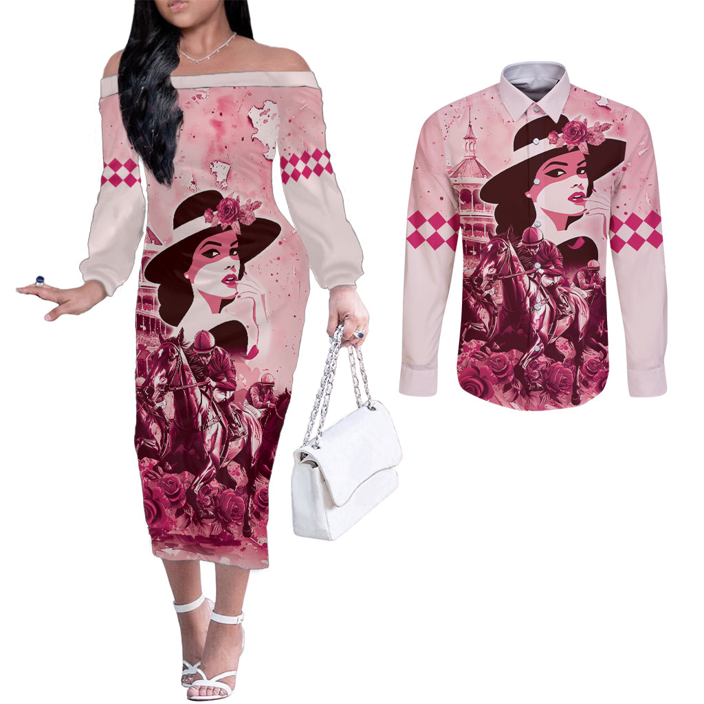 Personalized Kentucky Ladies Couples Matching Off The Shoulder Long Sleeve Dress and Long Sleeve Button Shirt The Run For The Roses Derby - Pink Out