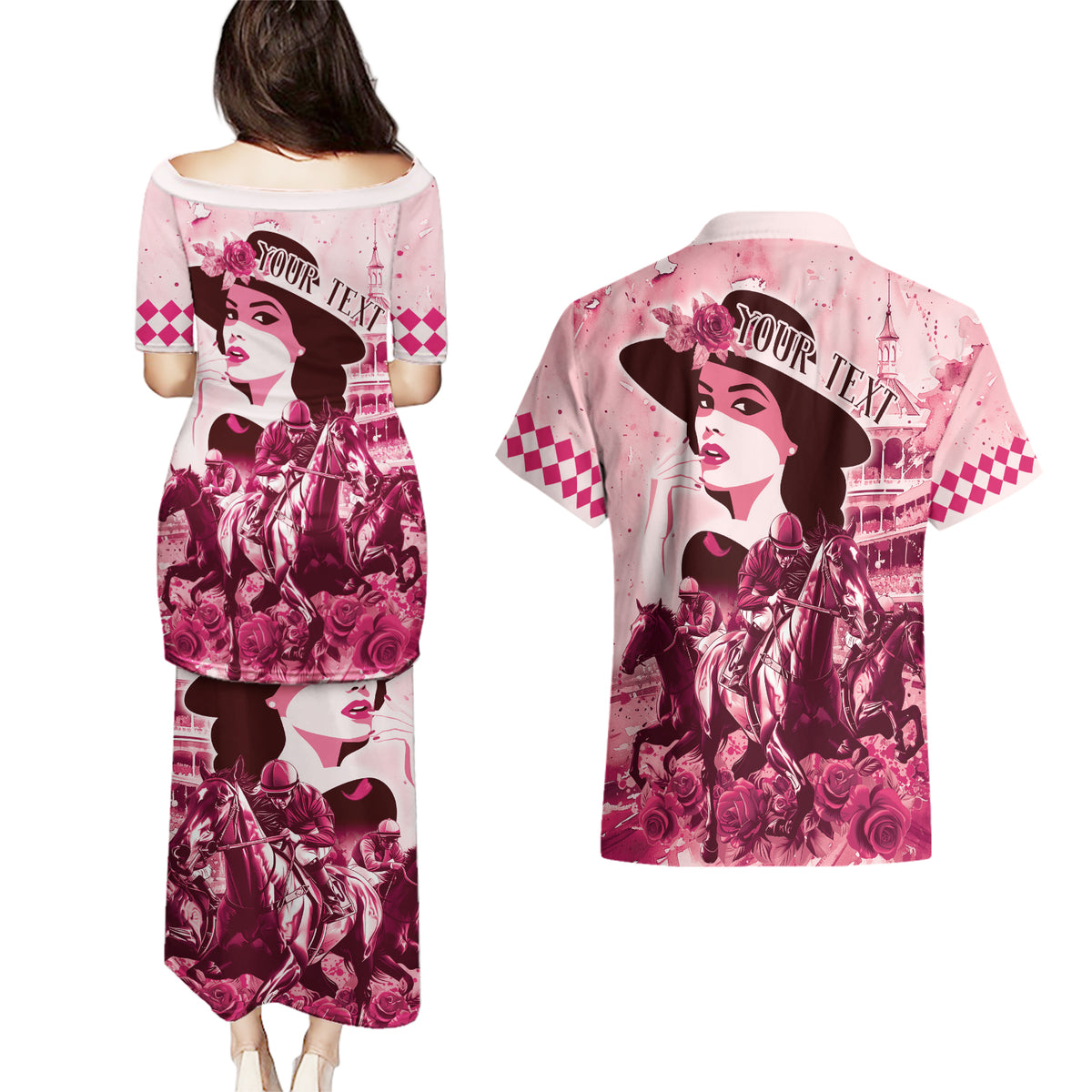 Personalized Kentucky Ladies Couples Matching Puletasi and Hawaiian Shirt The Run For The Roses Derby - Pink Out LT9 - Wonder Print Shop