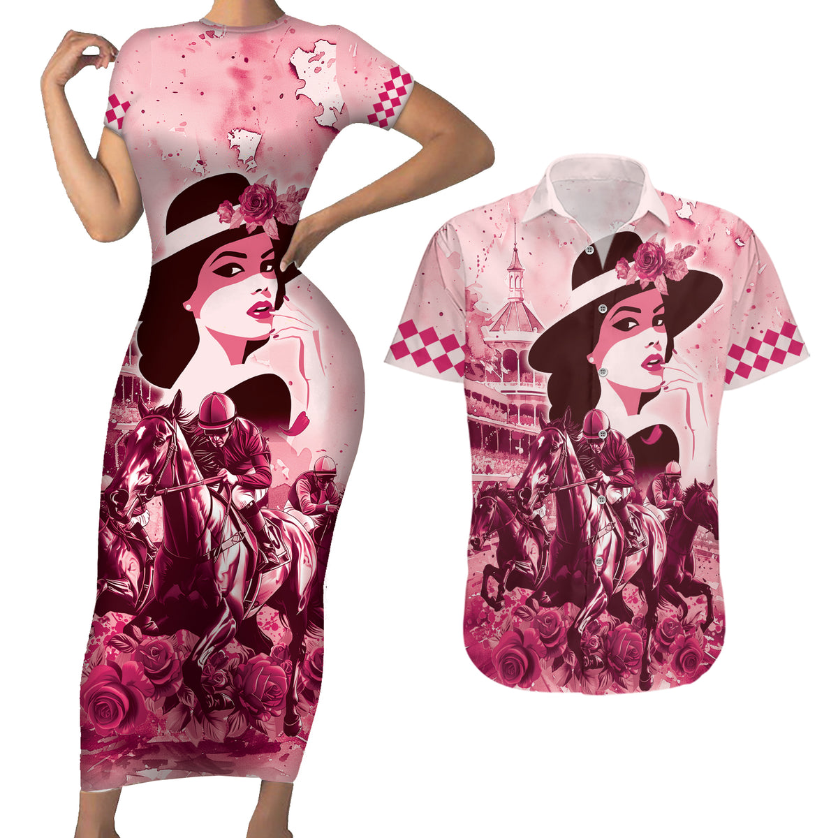 Personalized Kentucky Ladies Couples Matching Short Sleeve Bodycon Dress and Hawaiian Shirt The Run For The Roses Derby - Pink Out LT9 - Wonder Print Shop