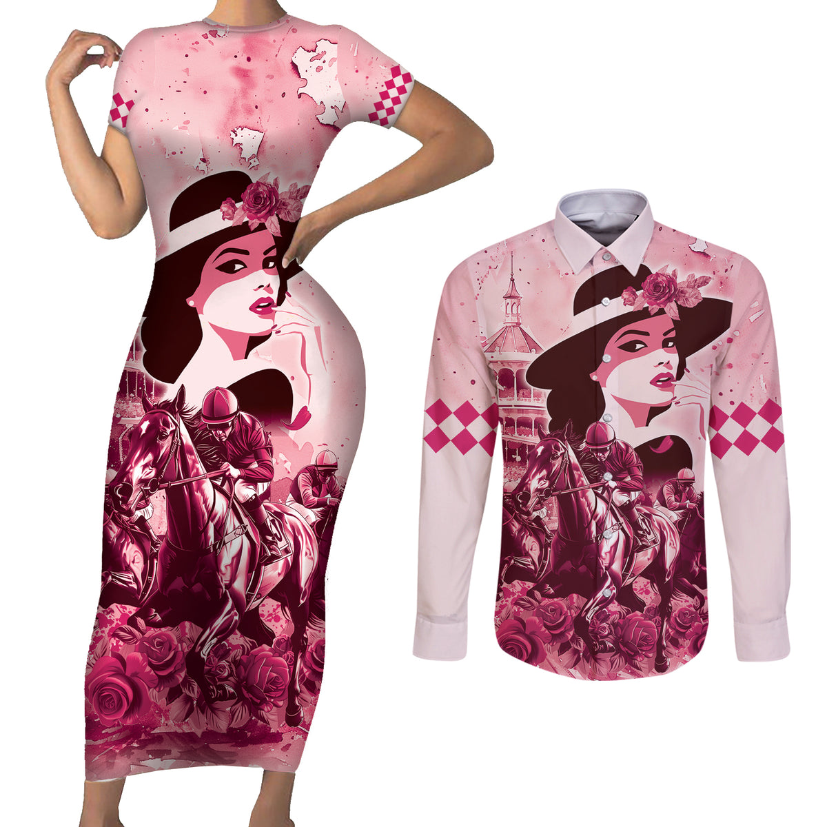 Personalized Kentucky Ladies Couples Matching Short Sleeve Bodycon Dress and Long Sleeve Button Shirt The Run For The Roses Derby - Pink Out LT9 - Wonder Print Shop