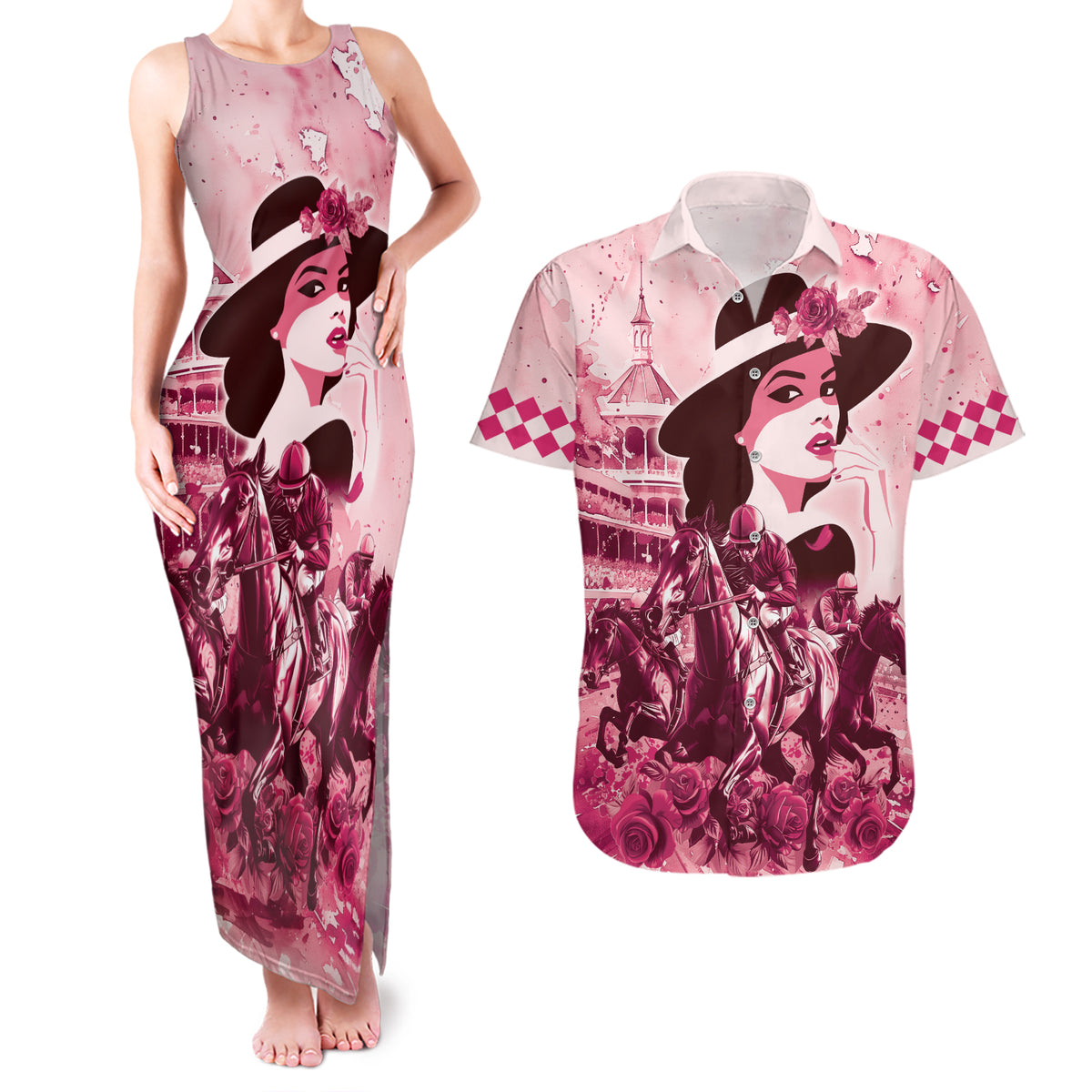 Personalized Kentucky Ladies Couples Matching Tank Maxi Dress and Hawaiian Shirt The Run For The Roses Derby - Pink Out LT9 - Wonder Print Shop