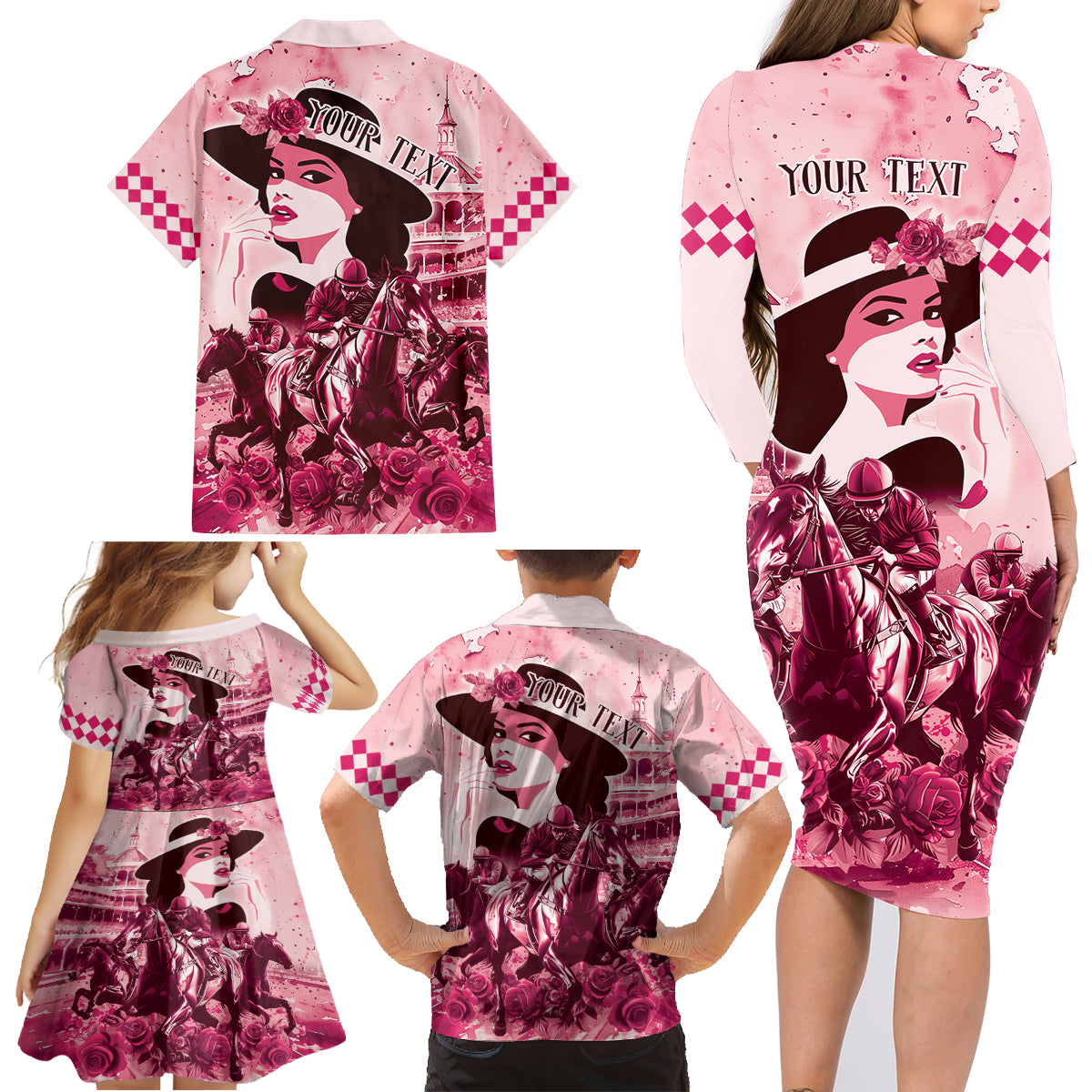 Personalized Kentucky Ladies Family Matching Long Sleeve Bodycon Dress and Hawaiian Shirt The Run For The Roses Derby - Pink Out LT9 - Wonder Print Shop