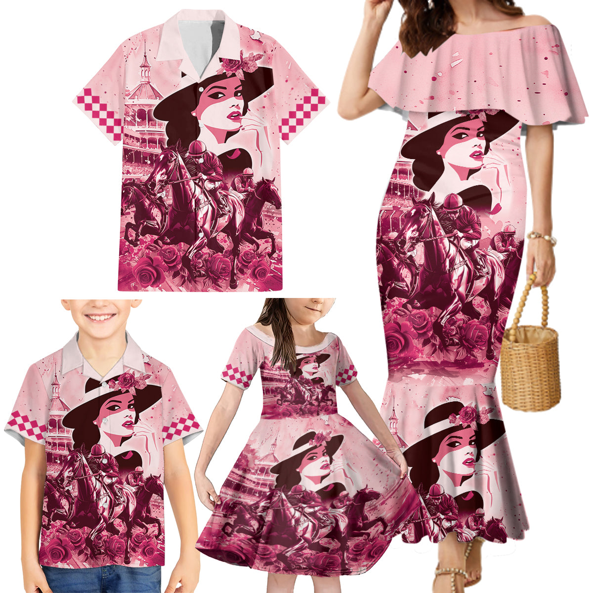Personalized Kentucky Ladies Family Matching Mermaid Dress and Hawaiian Shirt The Run For The Roses Derby - Pink Out LT9 - Wonder Print Shop