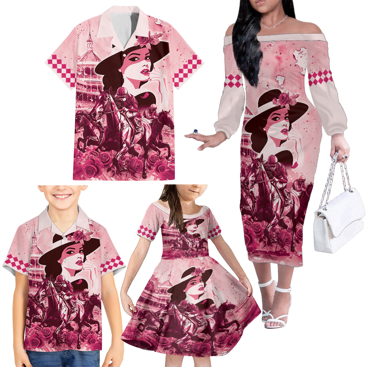 Personalized Kentucky Ladies Family Matching Off The Shoulder Long Sleeve Dress and Hawaiian Shirt The Run For The Roses Derby - Pink Out - Wonder Print Shop
