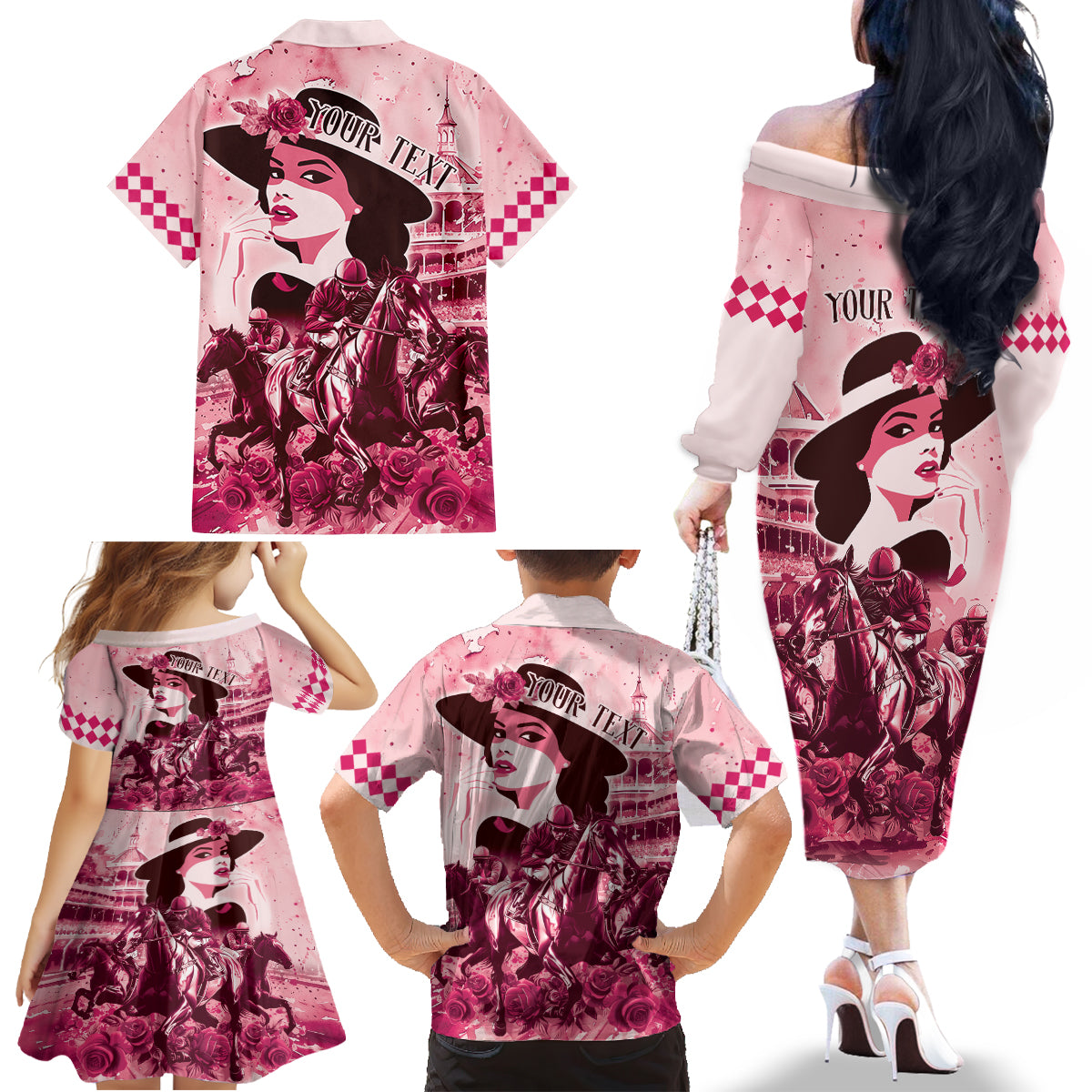 Personalized Kentucky Ladies Family Matching Off The Shoulder Long Sleeve Dress and Hawaiian Shirt The Run For The Roses Derby - Pink Out - Wonder Print Shop