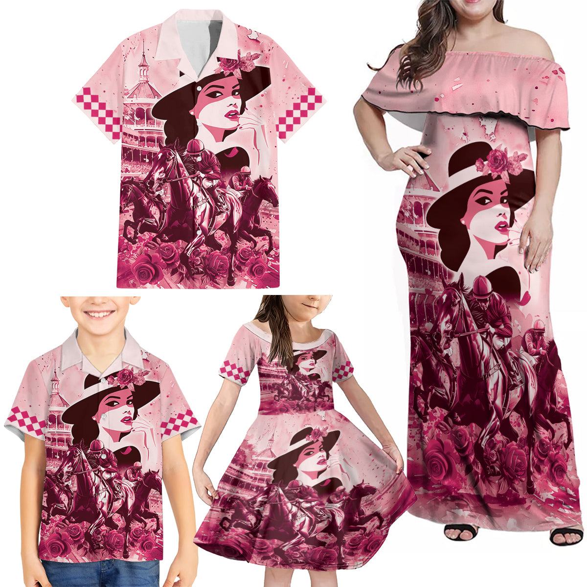 Personalized Kentucky Ladies Family Matching Off Shoulder Maxi Dress and Hawaiian Shirt The Run For The Roses Derby - Pink Out LT9 - Wonder Print Shop