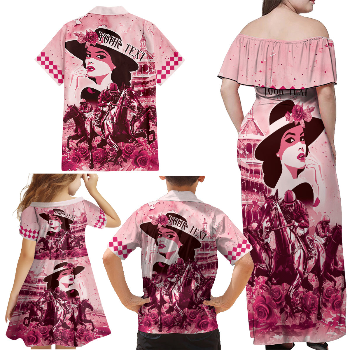 Personalized Kentucky Ladies Family Matching Off Shoulder Maxi Dress and Hawaiian Shirt The Run For The Roses Derby - Pink Out LT9 - Wonder Print Shop