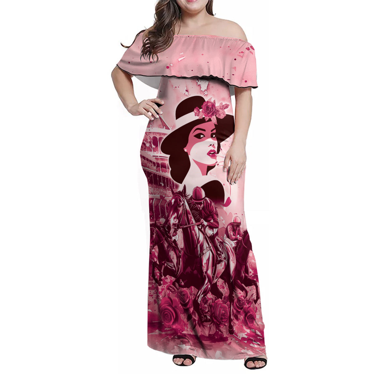 Personalized Kentucky Ladies Family Matching Off Shoulder Maxi Dress and Hawaiian Shirt The Run For The Roses Derby - Pink Out LT9 - Wonder Print Shop