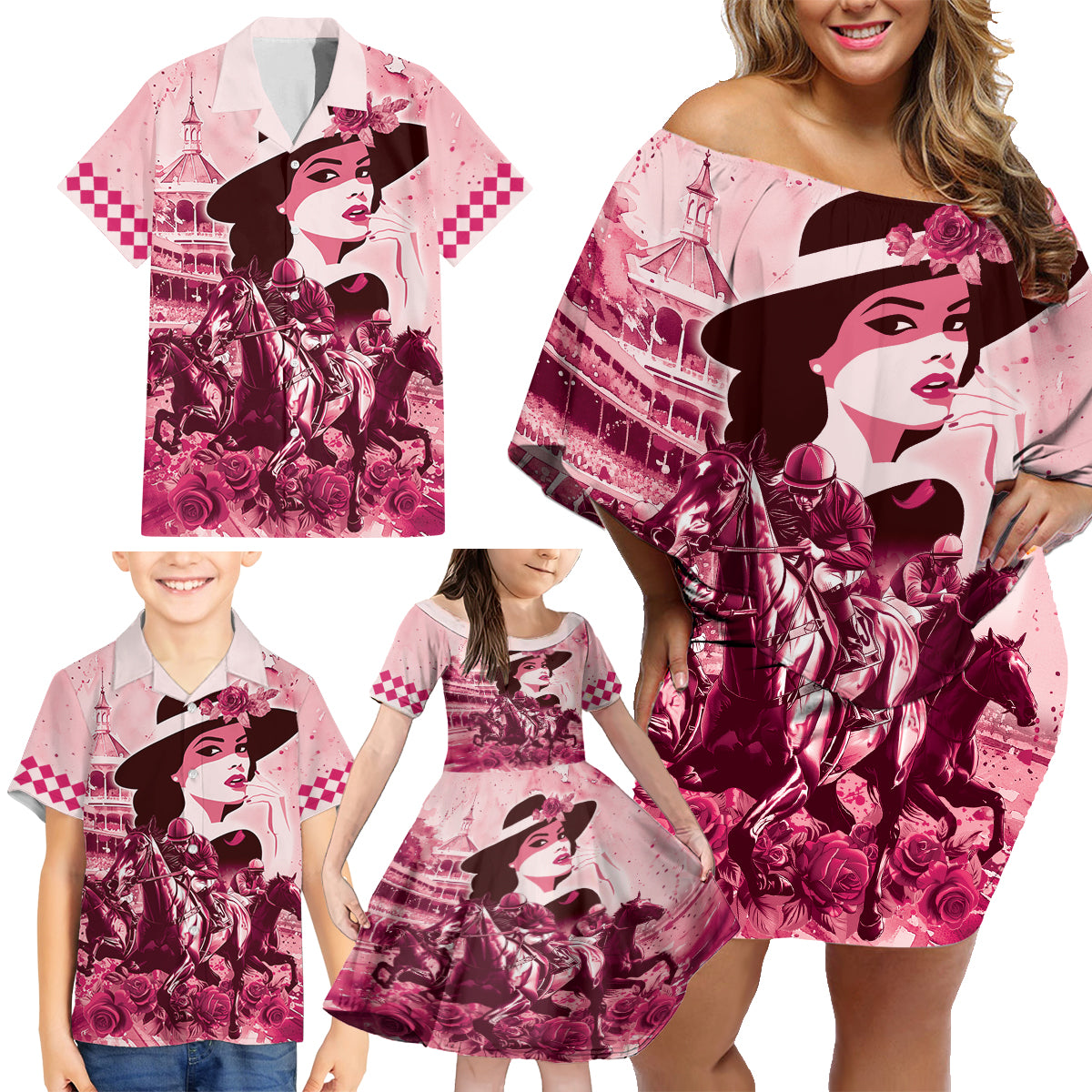 Personalized Kentucky Ladies Family Matching Off Shoulder Short Dress and Hawaiian Shirt The Run For The Roses Derby - Pink Out LT9 - Wonder Print Shop