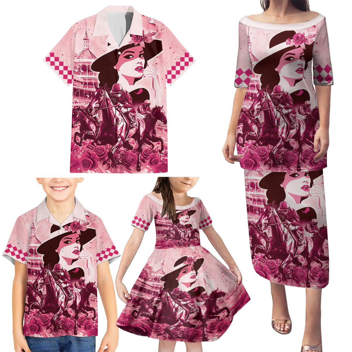 Personalized Kentucky Ladies Family Matching Puletasi and Hawaiian Shirt The Run For The Roses Derby - Pink Out - Wonder Print Shop