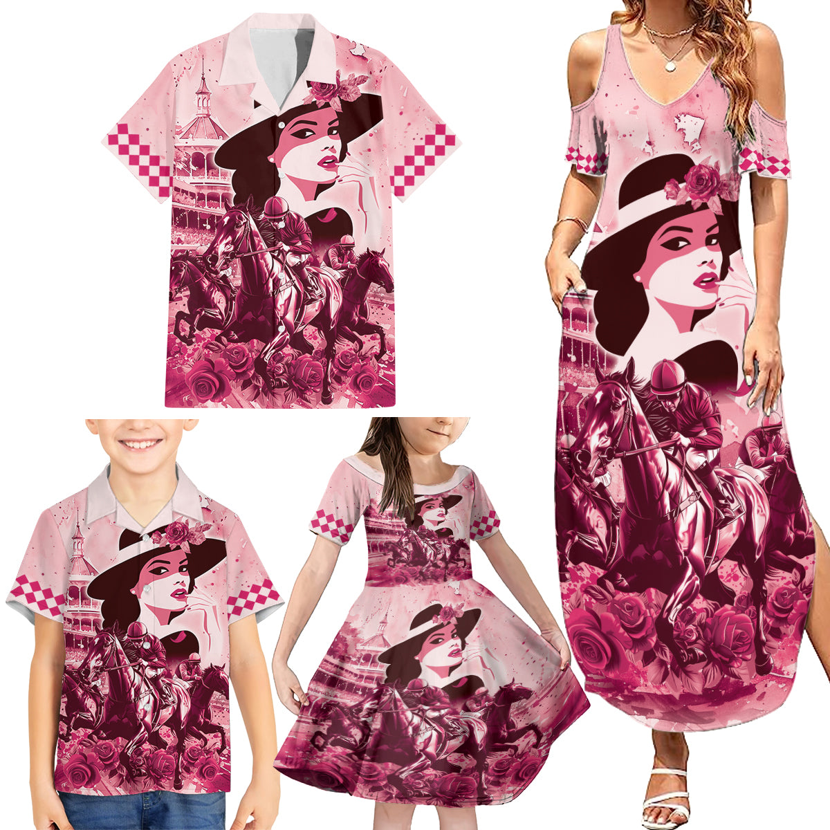 Personalized Kentucky Ladies Family Matching Summer Maxi Dress and Hawaiian Shirt The Run For The Roses Derby - Pink Out - Wonder Print Shop