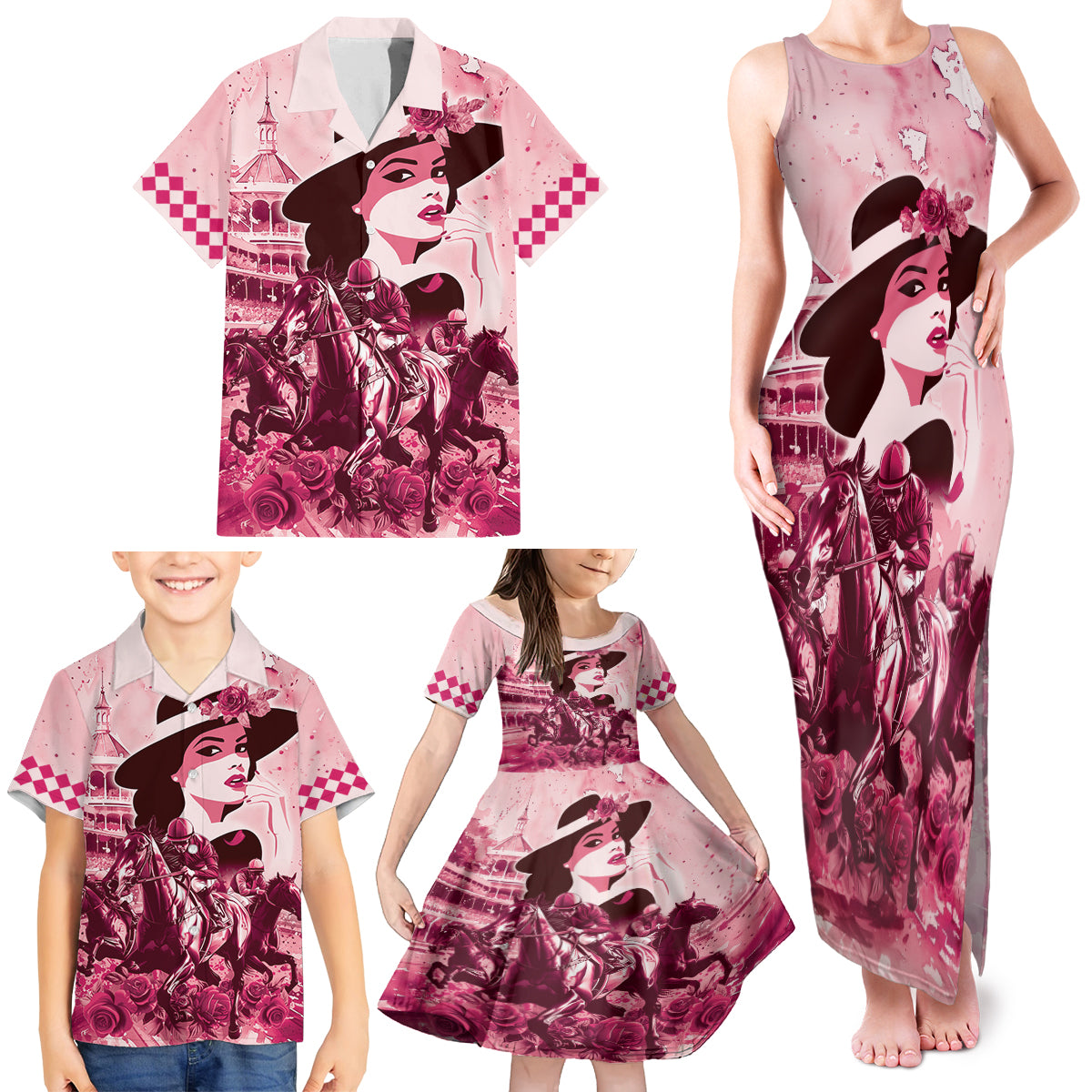 Personalized Kentucky Ladies Family Matching Tank Maxi Dress and Hawaiian Shirt The Run For The Roses Derby - Pink Out - Wonder Print Shop