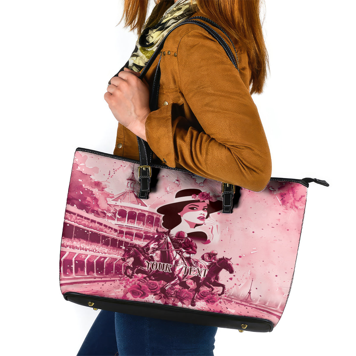 Personalized Kentucky Ladies Leather Tote Bag The Run For The Roses Derby - Pink Out - Wonder Print Shop